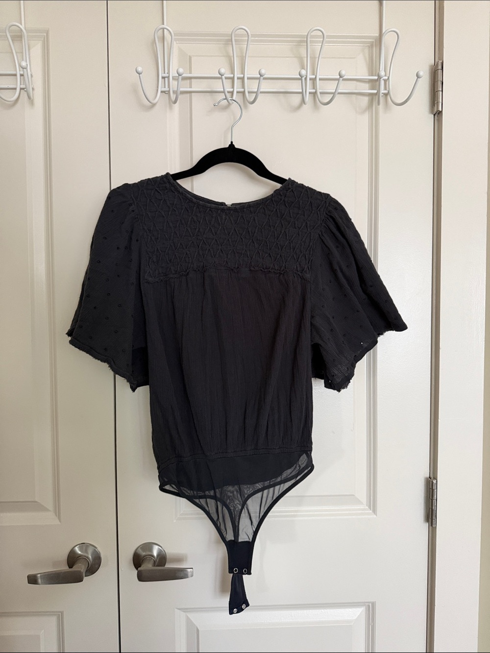 Free People Black Smocked Flutter-Sleeve Bodysuit